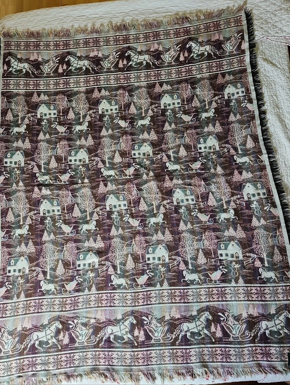 VTG Goodwin Weavers Winter Country Sleigh Ride Tapestry Throw Blanket  70”x 54”